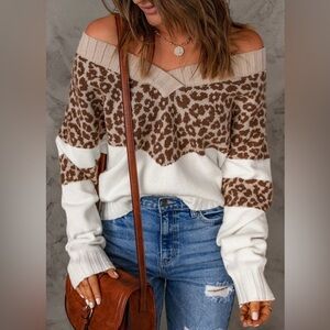 Leopard Print V-Neck Sweater - Brown and Cream
